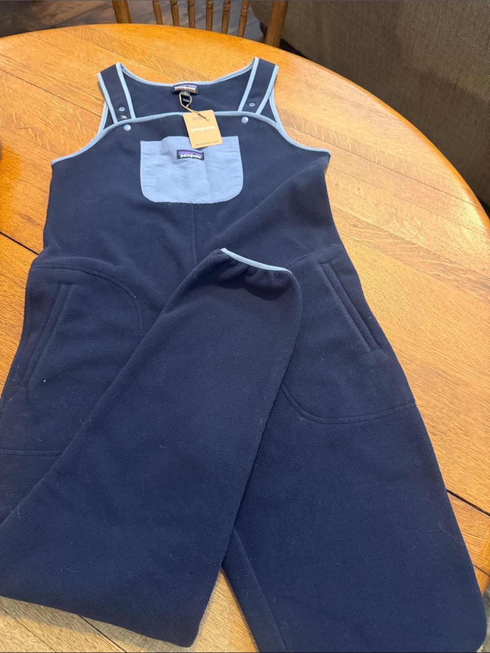 Patagonia Navy Fleece Sleeveless Jumpsuit with Light Blue Trim